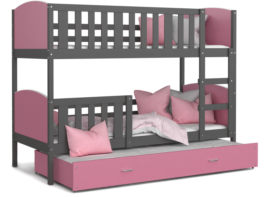 Detská poschodová posteľ s prístelkou TAMI Q - 190x80 cm - ružovo-šedá