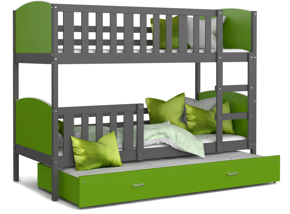 Detská poschodová posteľ s prístelkou TAMI Q - 200x90 cm - zeleno-šedá