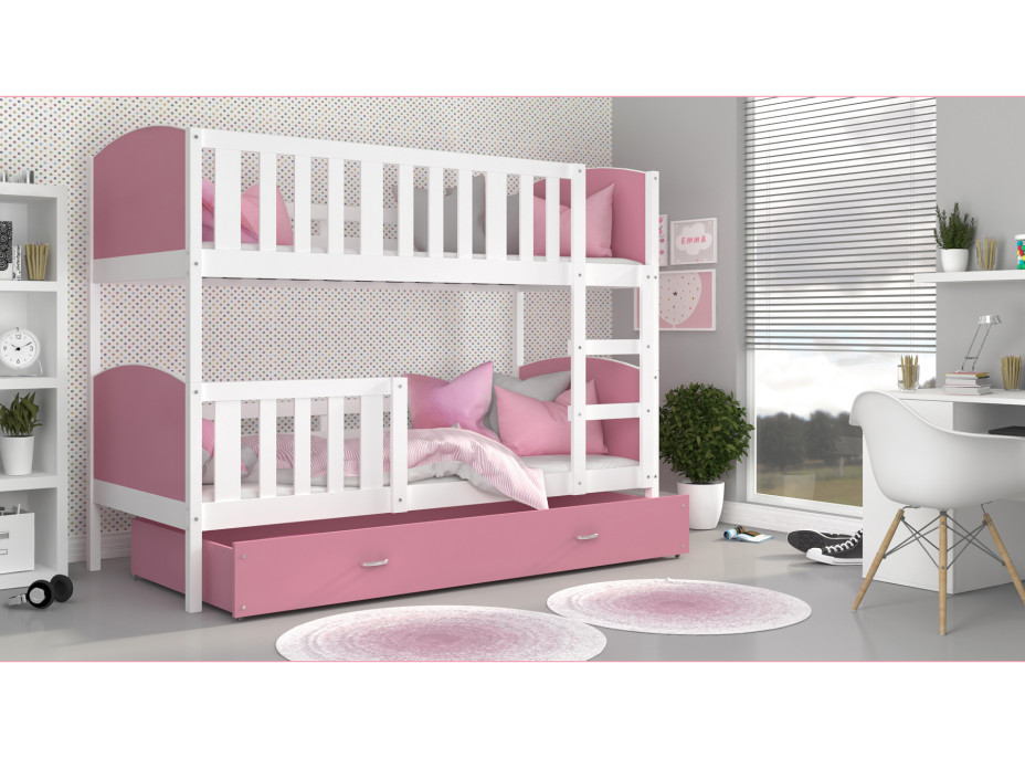 Detská poschodová posteľ so zásuvkou TAMI Q - 190x80 cm - ružovo-biela