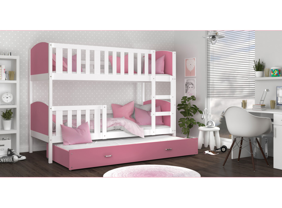 Detská poschodová posteľ s prístelkou TAMI Q - 190x80 cm - ružovo-biela