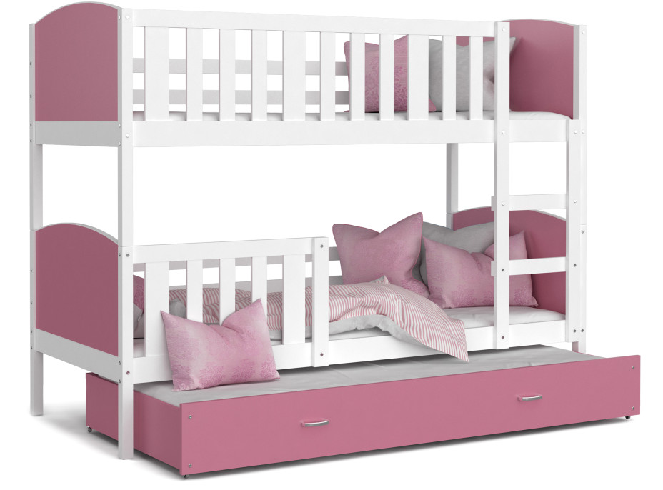 Detská poschodová posteľ s prístelkou TAMI Q - 200x90 cm - ružovo-biela