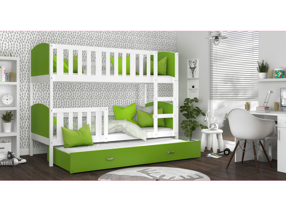 Detská poschodová posteľ s prístelkou TAMI Q - 200x90 cm - zeleno-biela