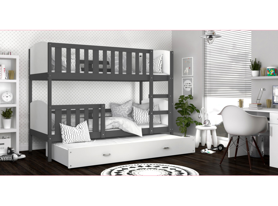 Detská poschodová posteľ s prístelkou TAMI Q - 200x90 cm - bielo-šedá