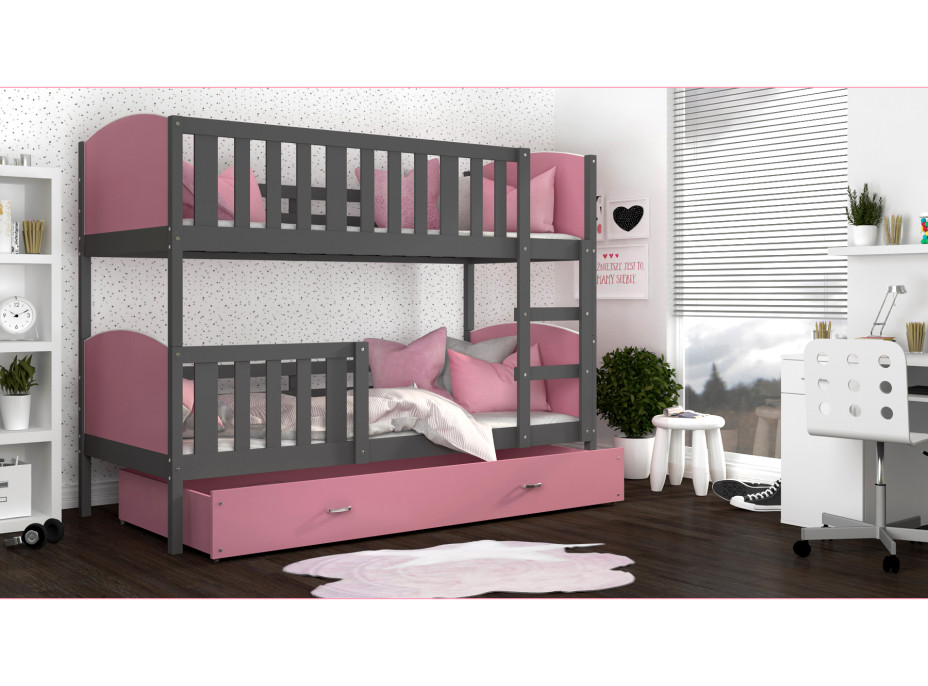 Detská poschodová posteľ so zásuvkou TAMI Q - 190x80 cm - ružovo-šedá