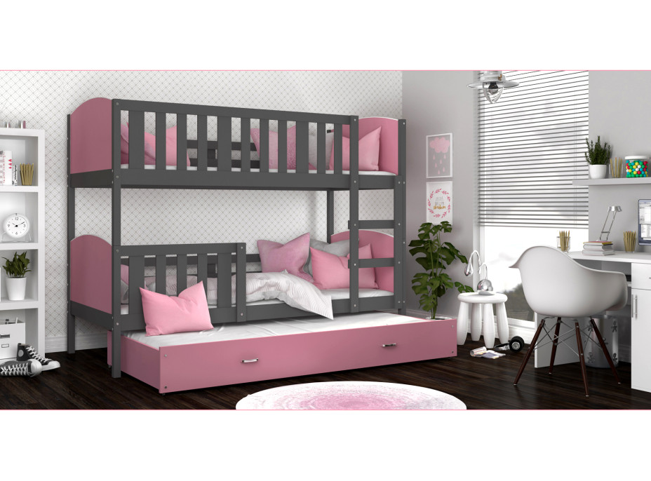 Detská poschodová posteľ s prístelkou TAMI Q - 190x80 cm - ružovo-šedá
