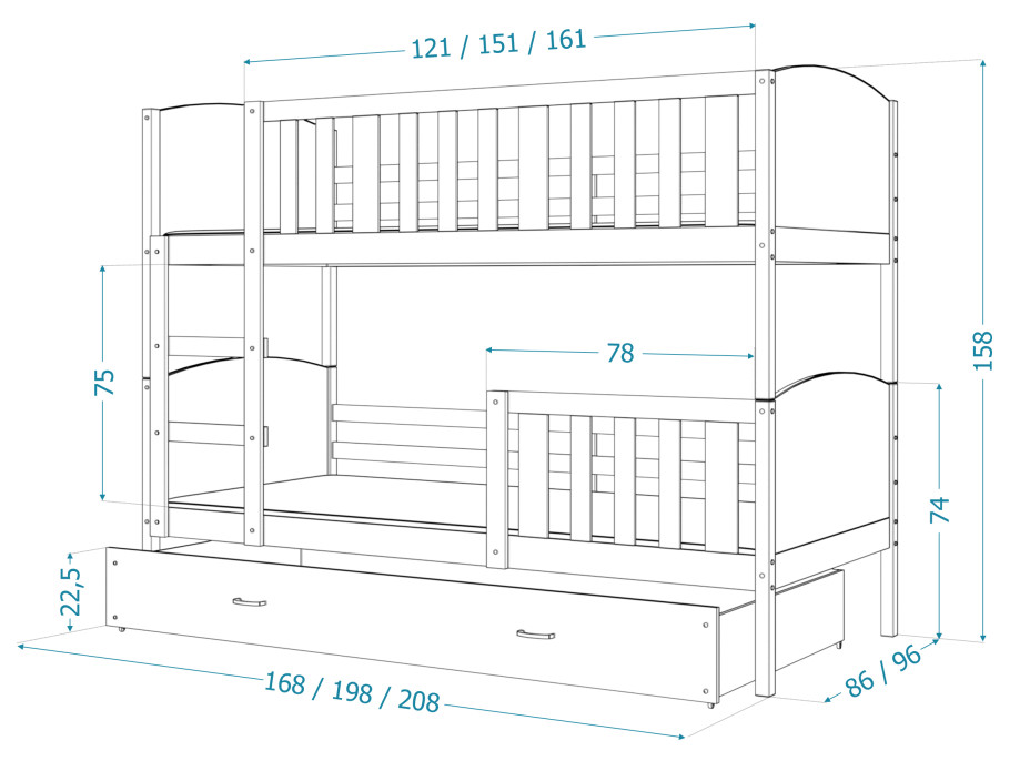 Detská poschodová posteľ so zásuvkou TAMI Q - 160x80 cm - modro-biela