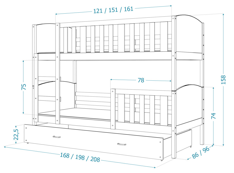 Detská poschodová posteľ so zásuvkou TAMI Q - 190x80 cm - modro-biela