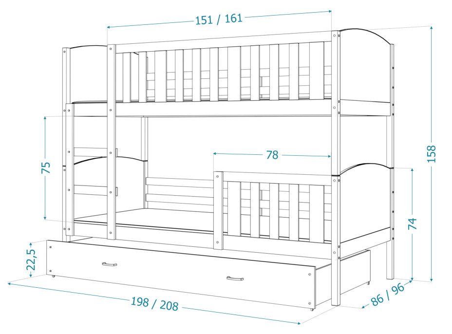 Detská poschodová posteľ s prístelkou TAMI Q - 200x90 cm - modro-biela