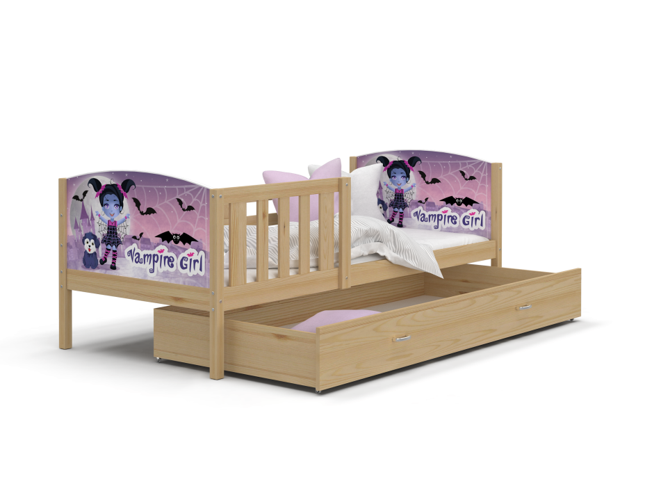 Detská posteľ so zásuvkou TAMI R - 200x90 cm - VAMPIRE GIRL - borovica