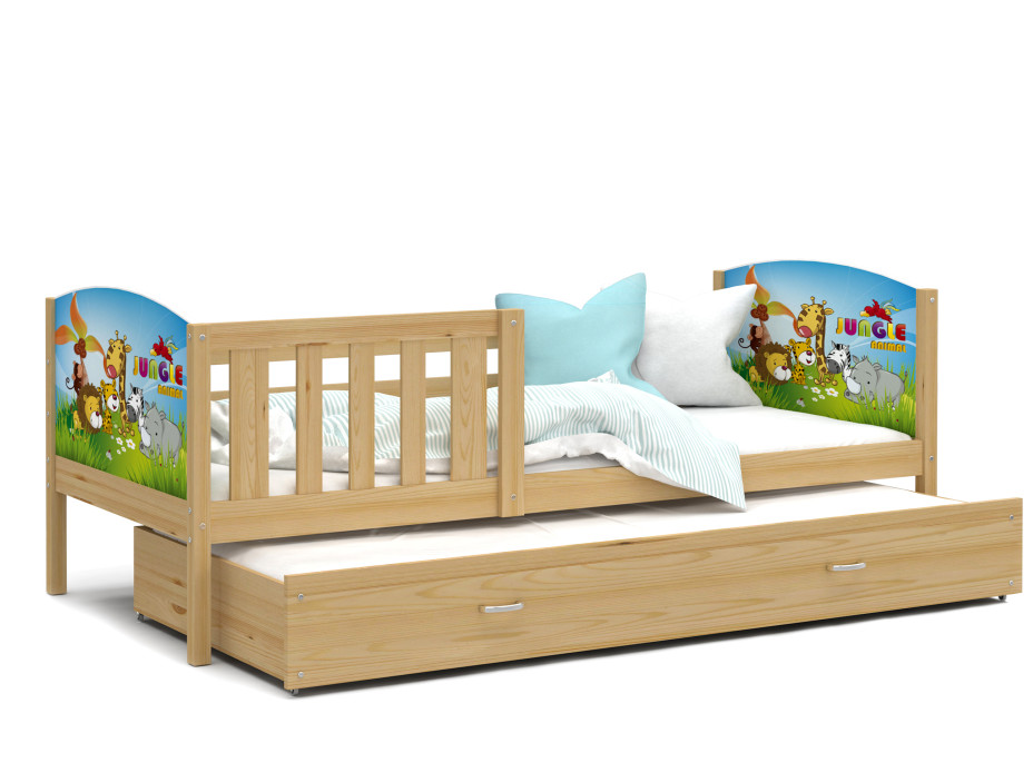 Detská posteľ s prístelkou TAMI R2 - 200x90 cm - JUNGLE ANIMALS - dekor borovica