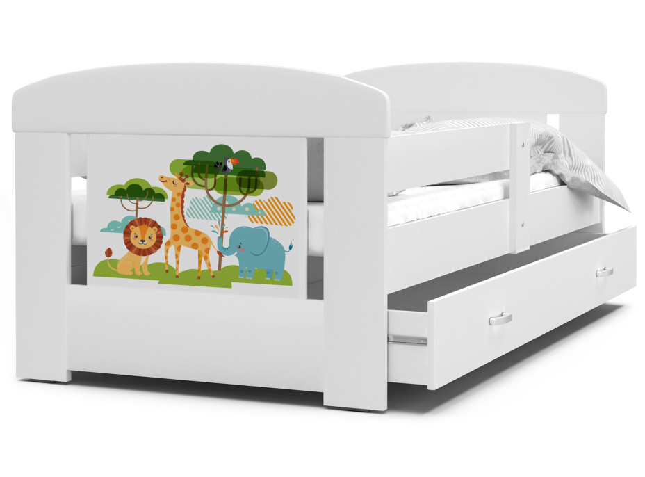 Detská posteľ so zásuvkou PHILIP - 180x80 cm - biela / zvieratka