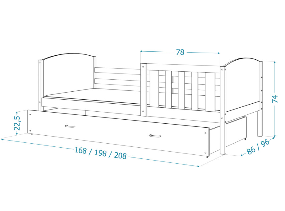 Detská posteľ so zásuvkou TAMI R - 190x80 cm - šedo-biela