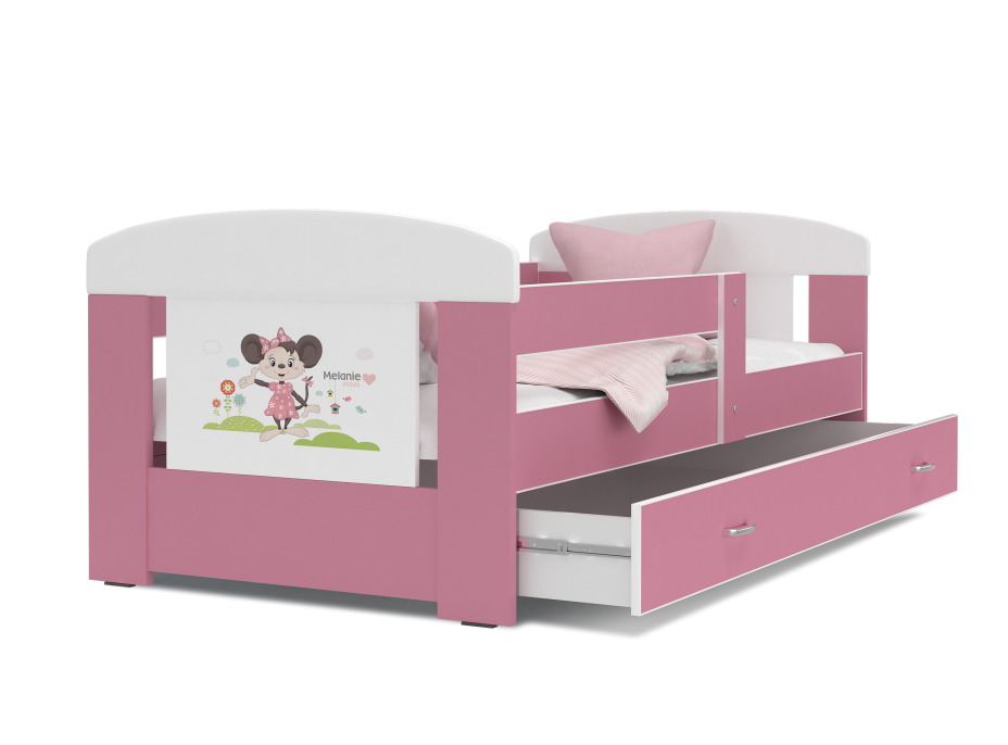 Detská posteľ so zásuvkou PHILIP - 160x80 cm - ružová / myška
