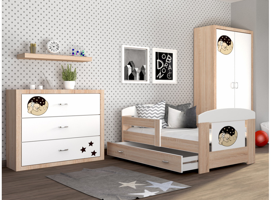 Detská posteľ so zásuvkou PHILIP - 140x80 cm - sonoma / medveď a mesiac