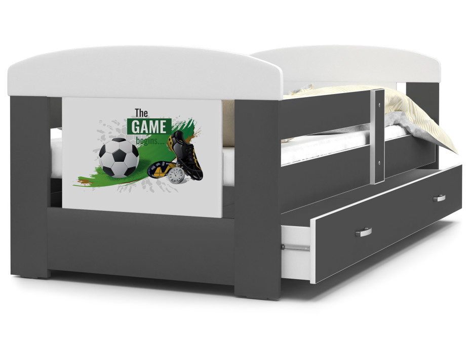 Detská posteľ so zásuvkou PHILIP - 180x80 cm - sivá / futbal