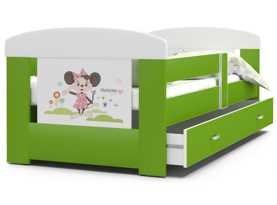 Detská posteľ so zásuvkou PHILIP - 140x80 cm - zelená / myška