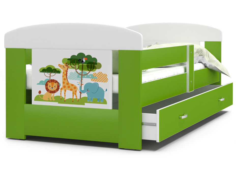 Detská posteľ so zásuvkou PHILIP - 140x80 cm - zelená / zvieratka