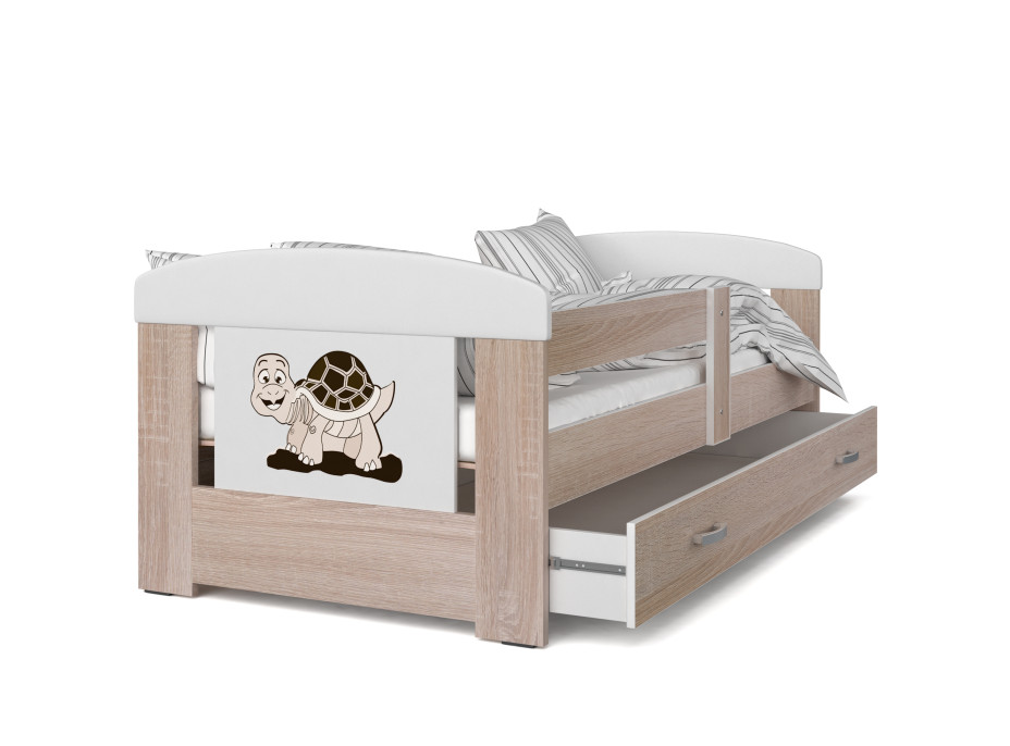 Detská posteľ so zásuvkou PHILIP - 140x80 cm - sonoma / želvička