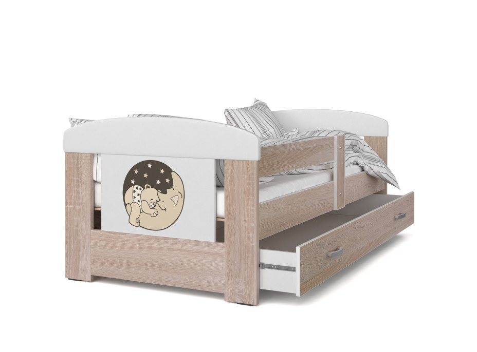 Detská posteľ so zásuvkou PHILIP - 160x80 cm - sonoma / medveď a mesiac