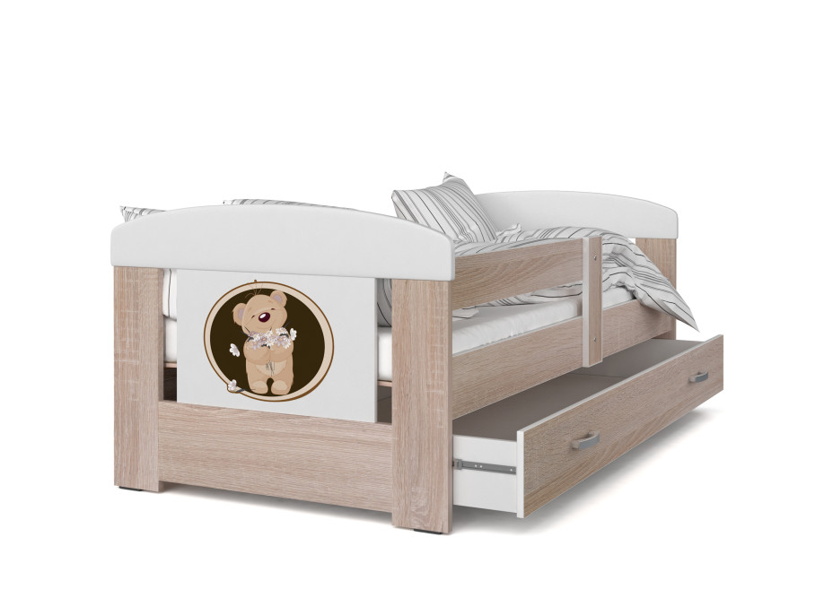 Detská posteľ so zásuvkou PHILIP - 160x80 cm - sonoma / medvedík