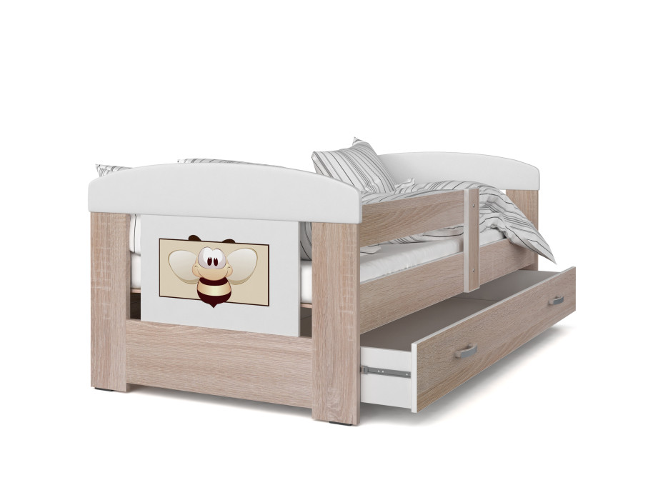 Detská posteľ so zásuvkou PHILIP - 140x80 cm - sonoma / včielka