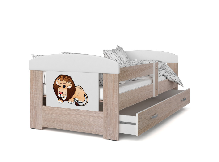 Detská posteľ so zásuvkou PHILIP - 160x80 cm - sonoma / levíček