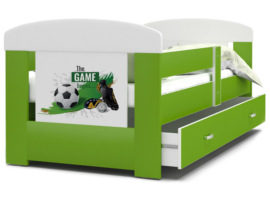 Detská posteľ so zásuvkou PHILIP - 140x80 cm - zelená / futbal