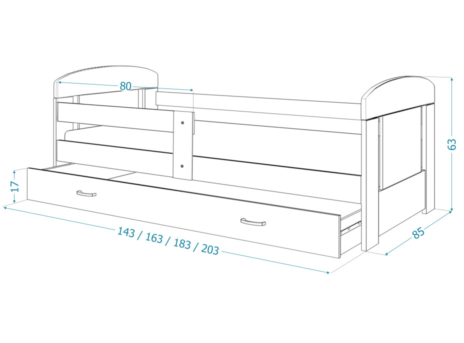 Detská posteľ so zásuvkou PHILIP - 140x80 cm - sonoma / jednorožec