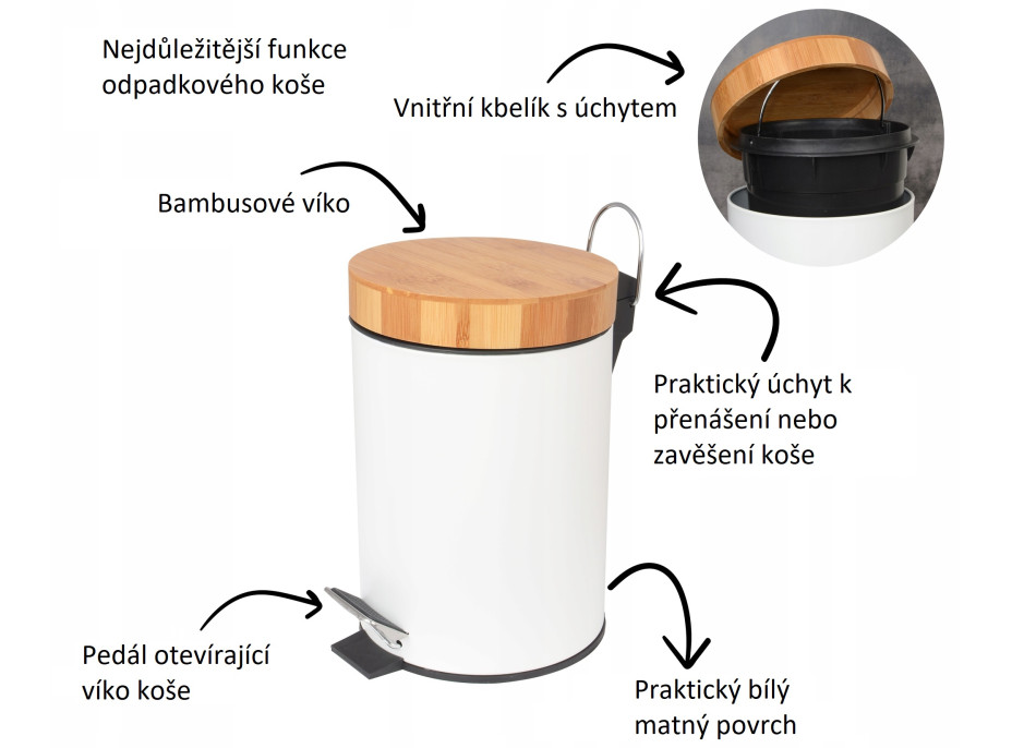 Odpadkový kôš do kúpeľne s bambusovým krytom 3l - biely