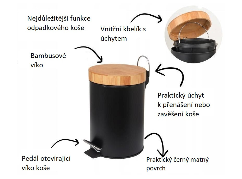 Odpadkový kôš do kúpeľne s bambusovým krytom 3l - čierny