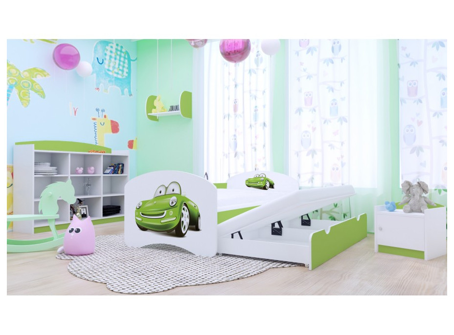 Detská posteľ pre DVOCH (s výsuvným lôžkom) 180x90 cm - ZELENÉ AUTO