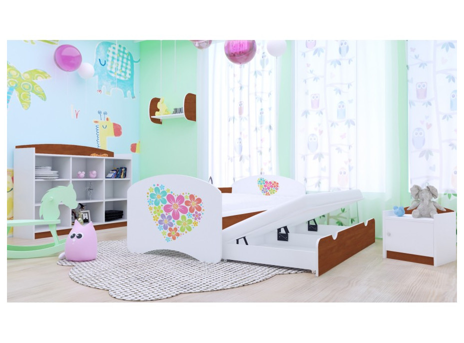 Detská posteľ pre DVA (s výsuvným lôžkom) 180x90 cm - KVETINKY v srdiečku