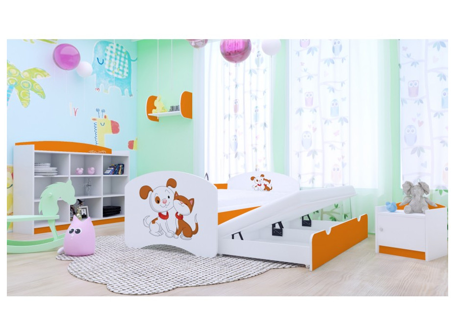 Detská posteľ pre DVOCH (s výsuvným lôžkom) 200x90 cm - PSÍK A MAČIČKA