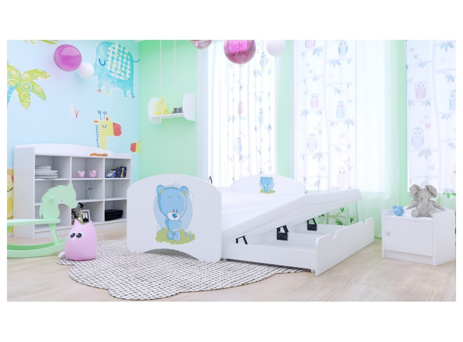 Detská posteľ pre DVOCH (s výsuvným lôžkom) 180x90 cm - MODRÝ MACKO