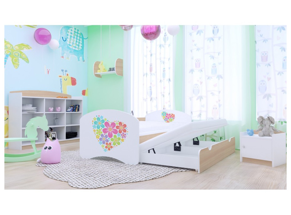 Detská posteľ pre DVA (s výsuvným lôžkom) 180x90 cm - KVETINKY v srdiečku