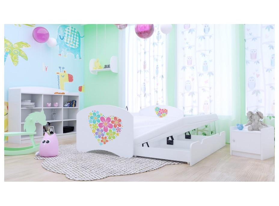 Detská posteľ pre DVA (s výsuvným lôžkom) 200x90 cm - KVETINKY v srdiečku