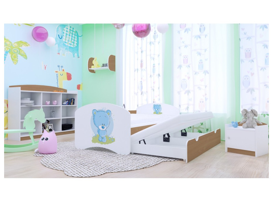 Detská posteľ pre DVOCH (s výsuvným lôžkom) 180x90 cm - MODRÝ MACKO