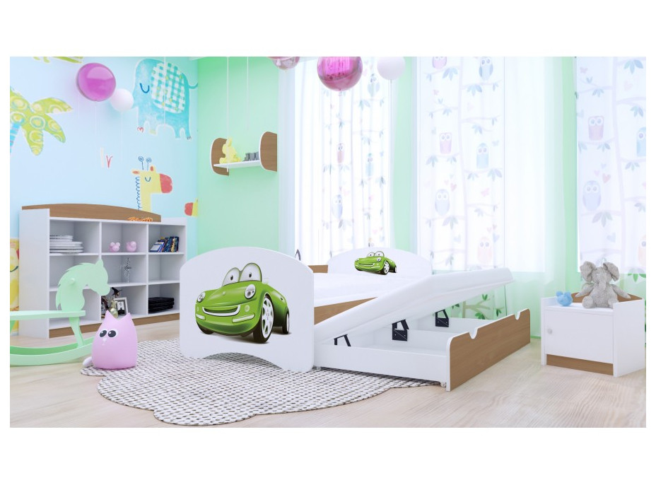 Detská posteľ pre DVOCH (s výsuvným lôžkom) 200x90 cm - ZELENÉ AUTO