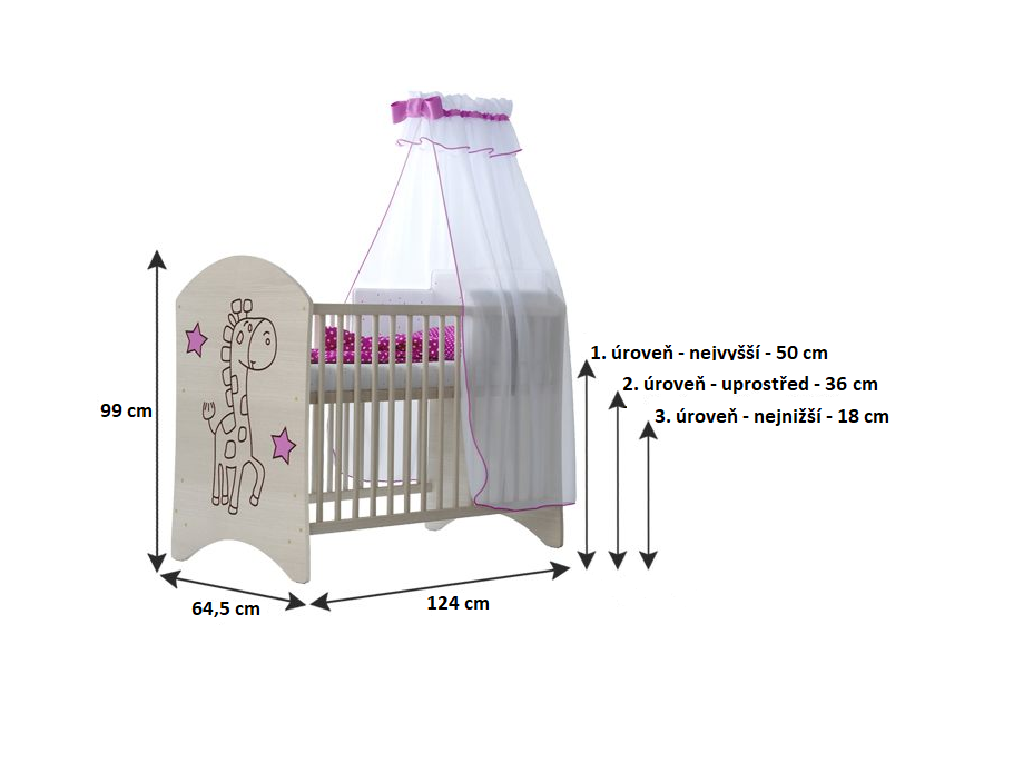 NA SKLADE: Detská postieľka s výrezom ŽIRAFA bez šuplíka - 120x60 cm - ružová + biele priečky + matrac kokos / molitan