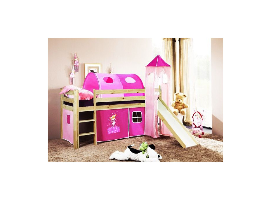 Detská vyvýšená posteľ so šmýkačkou DOMČEK ružový - PRÍRODNÉ