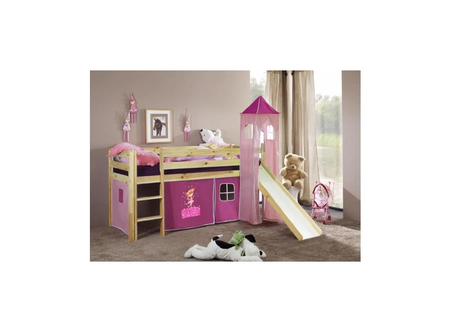 Detská vyvýšená posteľ DOMČEK so šmýkačkou ružový - bez tunela