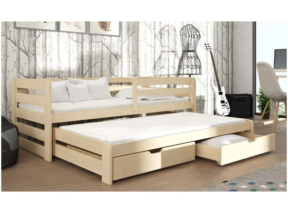 Detská posteľ z masívu borovice SANDRA s prístelkou a zásuvkami - 200x90 cm - PRÍRODNÁ BOROVICA