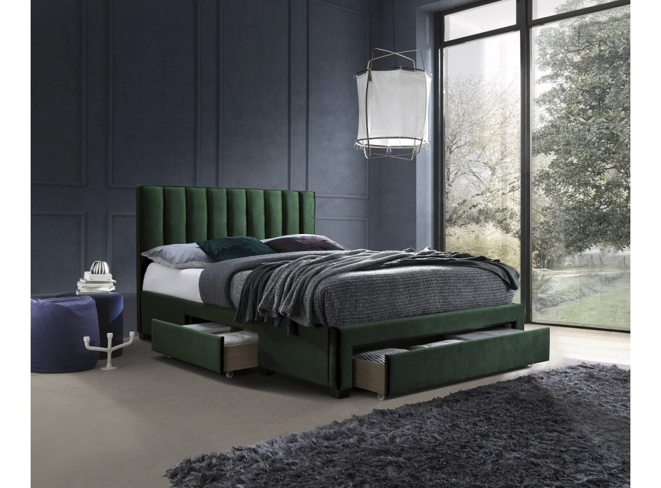 Posteľ z masívu GORDON 200x160 cm so zásuvkami - velvet čalúnená - zelená