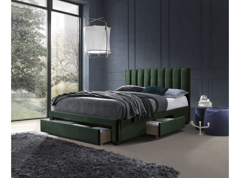 Posteľ z masívu GORDON 200x160 cm so zásuvkami - velvet čalúnená - zelená