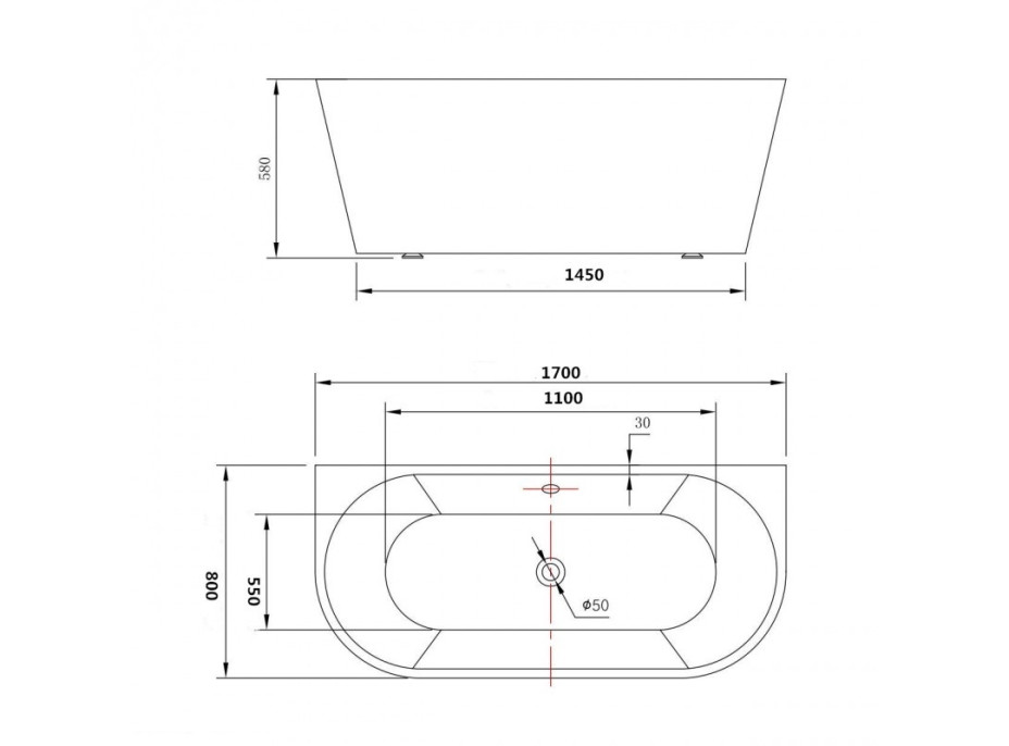 Prístenná akrylátová vaňa MEXEN OVAL 170x80 cm - biela, 52671708000