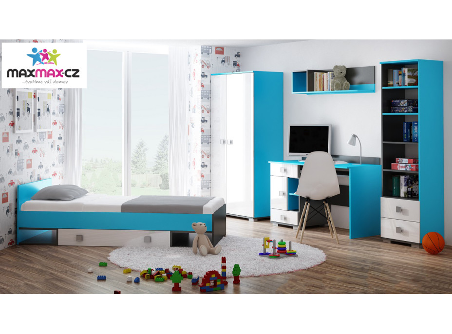 Rohová šatníková skriňa s policami a tyčou na ramienka - BLUE - vysoký lesk