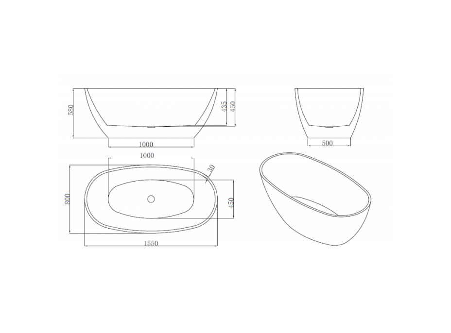 Voľne stojaca akrylátová vaňa MEXEN ERIS 155x80 cm - biela, 53441558000