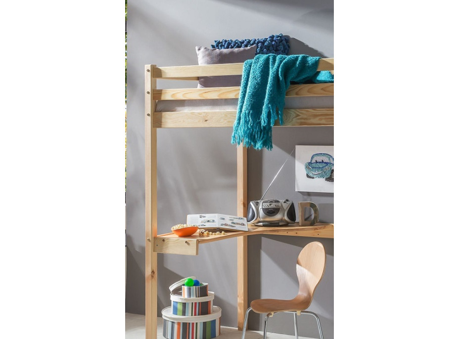 Detská vyvýšená posteľ so stolíkom ANETA 200x90 cm z masívu borovice - bezfarebný lak