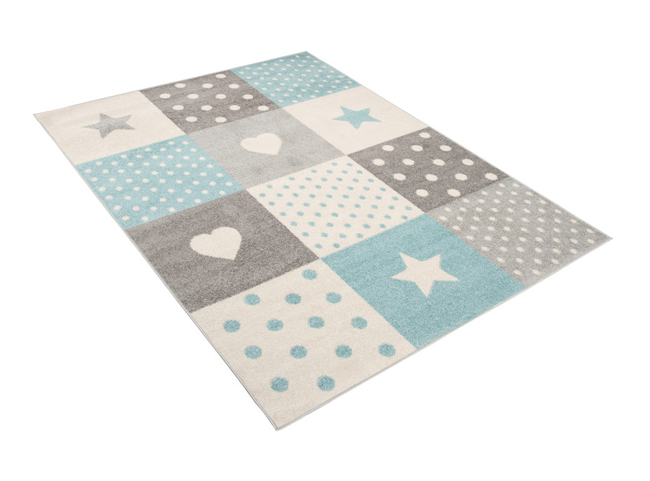 Kusový koberec AZUR srdíčka a hvězdičky - šedý/tyrkysový/bílý