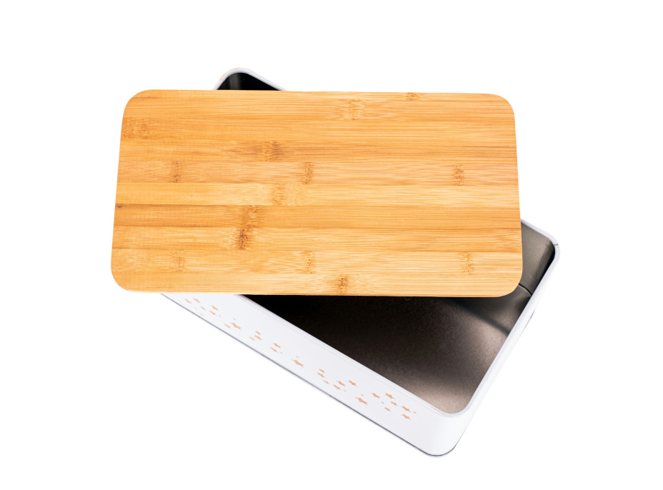 Kovový chlebník s dreveným vrchnákom STAR - biely lesklý